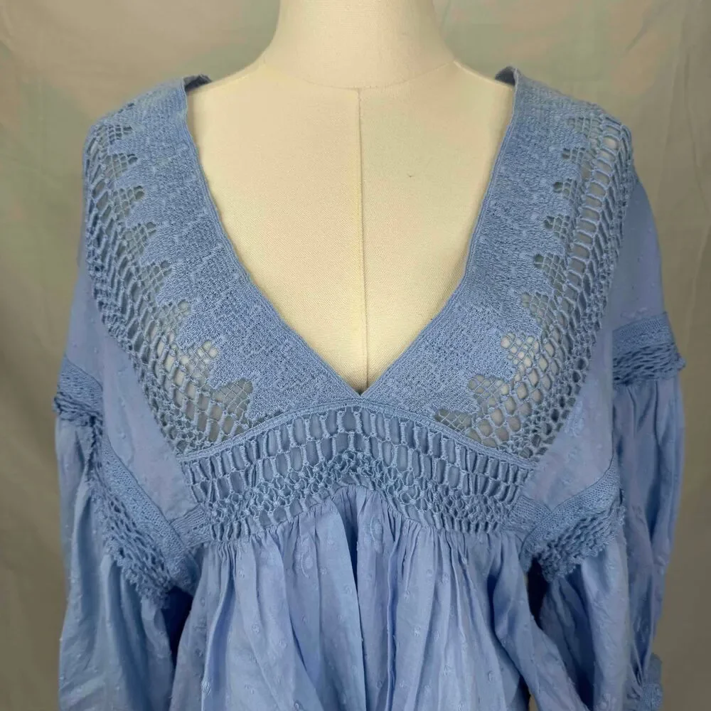 Free People Drive You Mad Blouse Blue Crochet Puff Sleeve Southern Bell Western